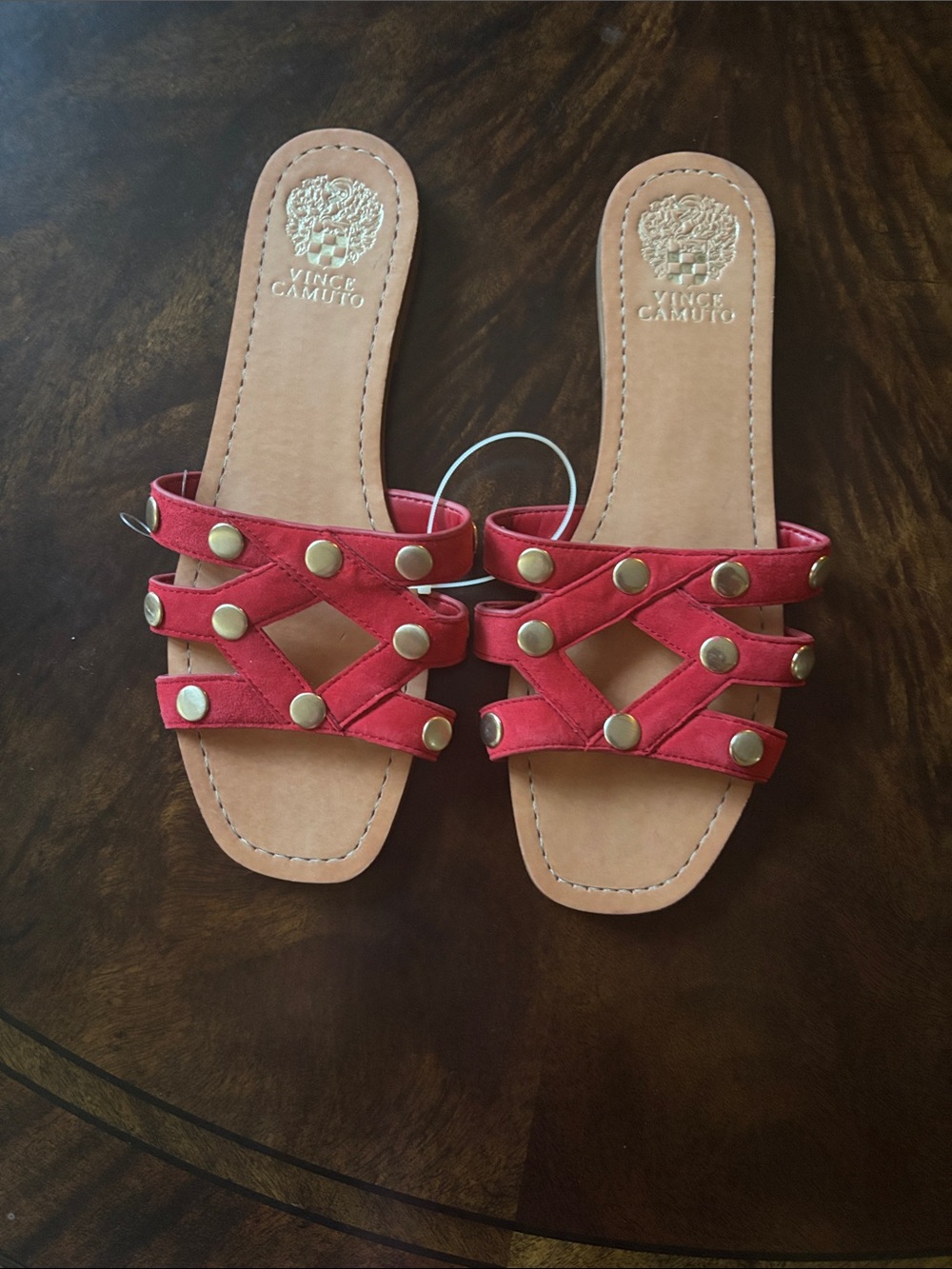 Vince Camuto Red Multi-Strap Studded Slide Sandals